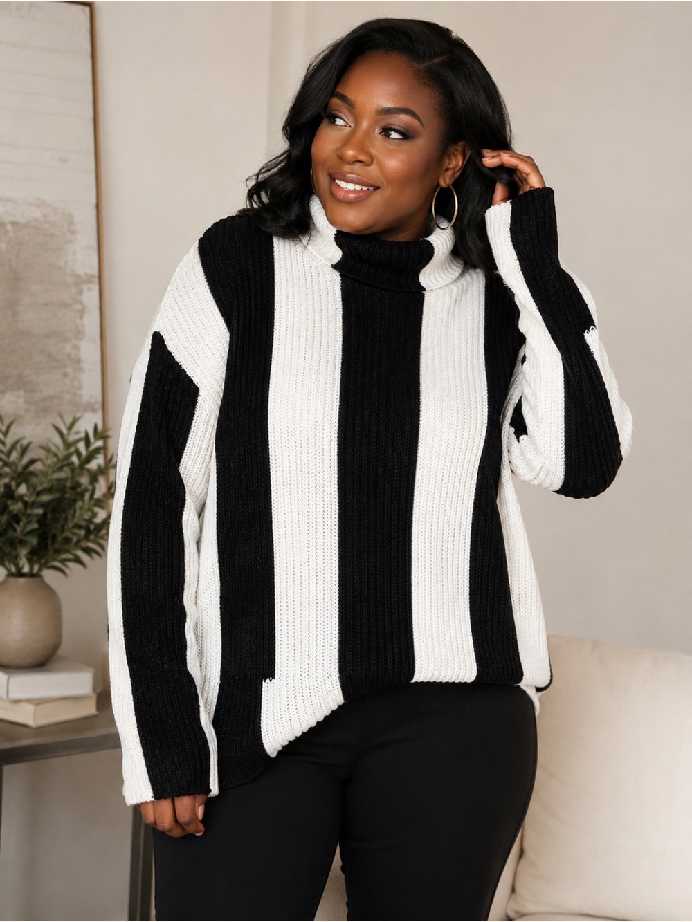 Endless Blu Black White Striped Turtleneck Sweater Women’s Size Small Oversized